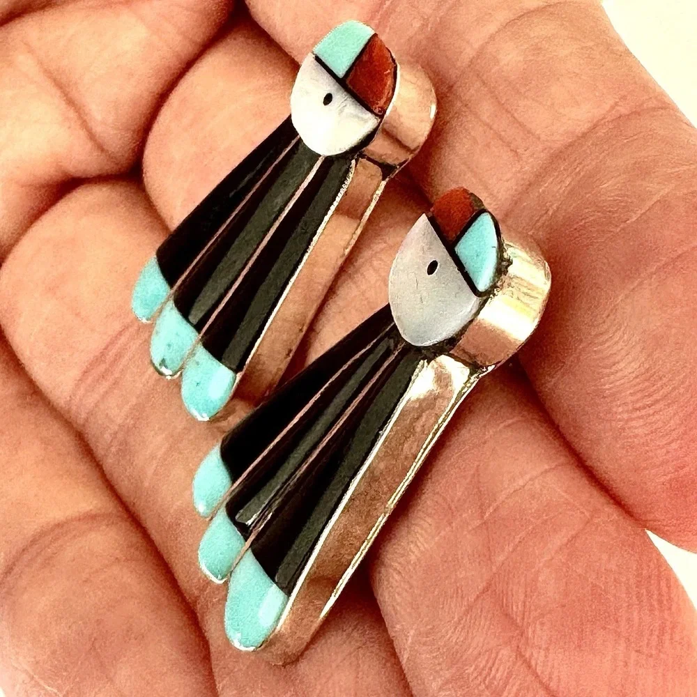 Zuni Sunface Stud Earrings Turquoise Post Inlay 1